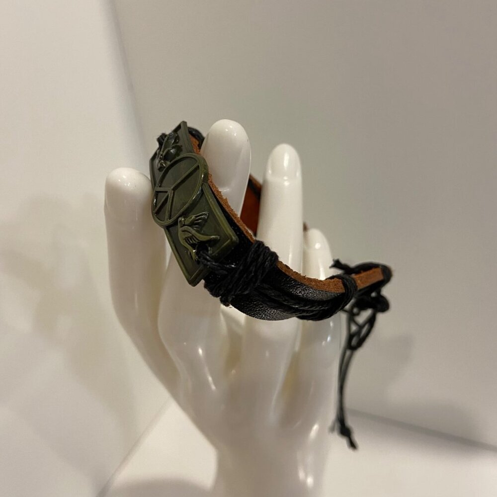 Handmade Peace Sign & doves birds genuine Leather Bracelet Brown & black handcra